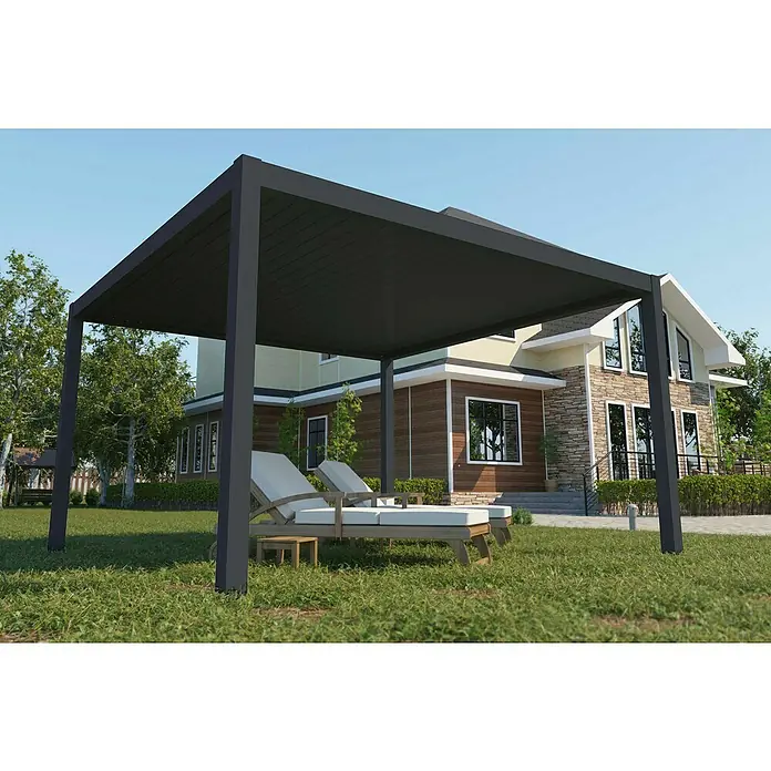 DWS Outdoor Pergola Delux - L x B x H: 290,4 x 290,4 x 250 cm, Farbe Gestell: Anthrazit, Aluminium, Kurbel - Dunkelgraue moderne Pergola im Garten, beschattet Liegestühle neben einem Haus.