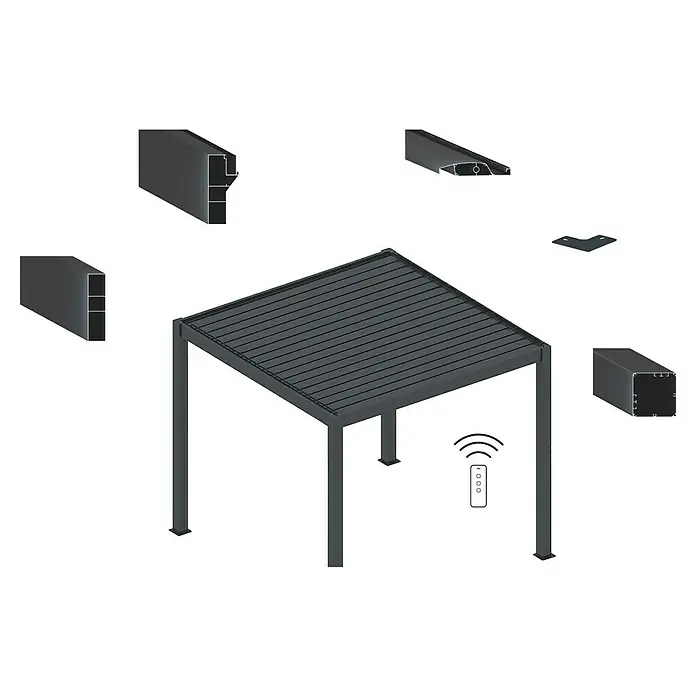 DWS Outdoor Pergola Delux Comfort - L x B x H: 394,4 x 290,4 x 250 cm, Farbe Gestell: Anthrazit, Aluminium, Motor - Graue Metallpergola mit verstellbarem Lamellendach, Fernbedienung und Profilquerschnitten.