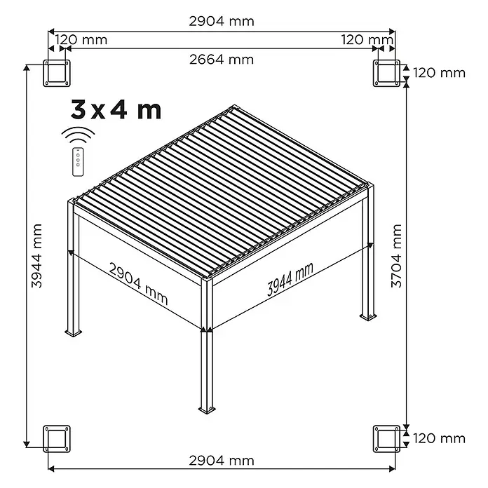 DWS Outdoor Pergola Delux Comfort - L x B x H: 394,4 x 290,4 x 250 cm, Farbe Gestell: Anthrazit, Aluminium, Motor - Technische Zeichnung einer 3x4m Lamellenpergola mit Fernbedienung, zeigt Außenmaße 2904x3944mm und Pfostendetails.