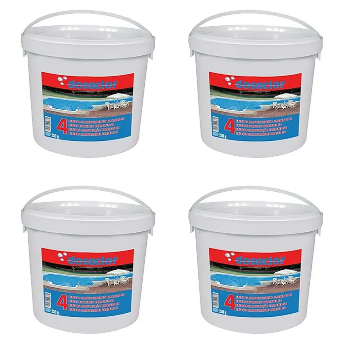 Tabletas multifunción Dosaclor 4 efectos - 4 ud., Apto para: Piscinas, 16 kg - Cuatro envases de productos químicos para piscinas Dosaclor, ideales para el mantenimiento y tratamiento del agua.