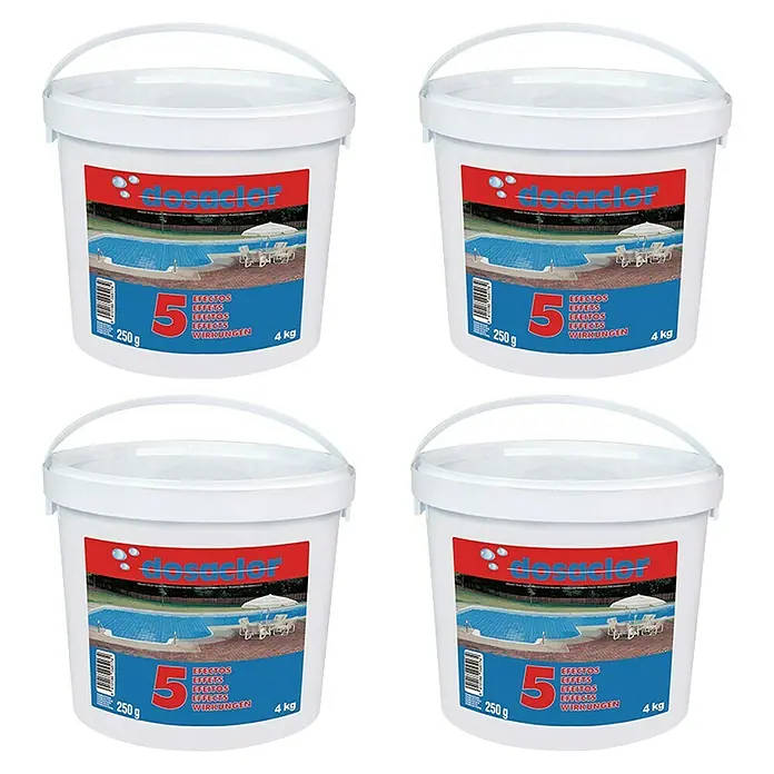 Tabletas multifunción Dosaclor 5 efectos - 4 ud., 16 kg - Imagen de cuatro cubos de 4 kg de productos químicos para piscinas Dosaclor.