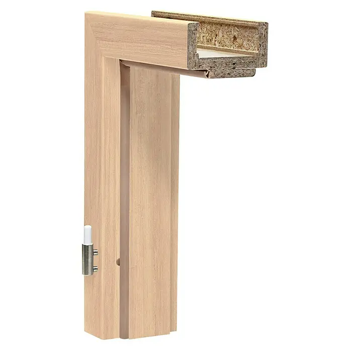 GetaDoor Lamineo Türzarge GLN 42860 x 1.985 mm, Wandstärke: 185 mm, DIN Anschlag: Links/Rechts, Eiche Trend - Nahaufnahme eines Holztürrahmens mit sichtbarer Struktur und einem silbernen Scharnier, das die Details des Holzprodukts hervorhebt.