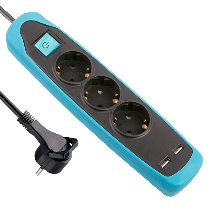 Electraline Base de enchufe múltiple con USB Gummy (3, Negro/Azul, Longitud del cable: 2 m)