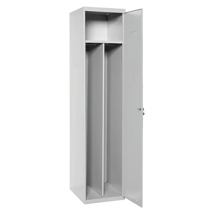 Simonrack Simonlocker Taquilla Prof. Single-Divider Inicial Desmontada - L x An x Al: 50 x 40 x 180 cm, Número de puertas: 1 ud., Gris - Un armario metálico gris abierto con compartimentos y una estantería. Ideal para la organización y el almacenamiento en oficinas o vestuarios.