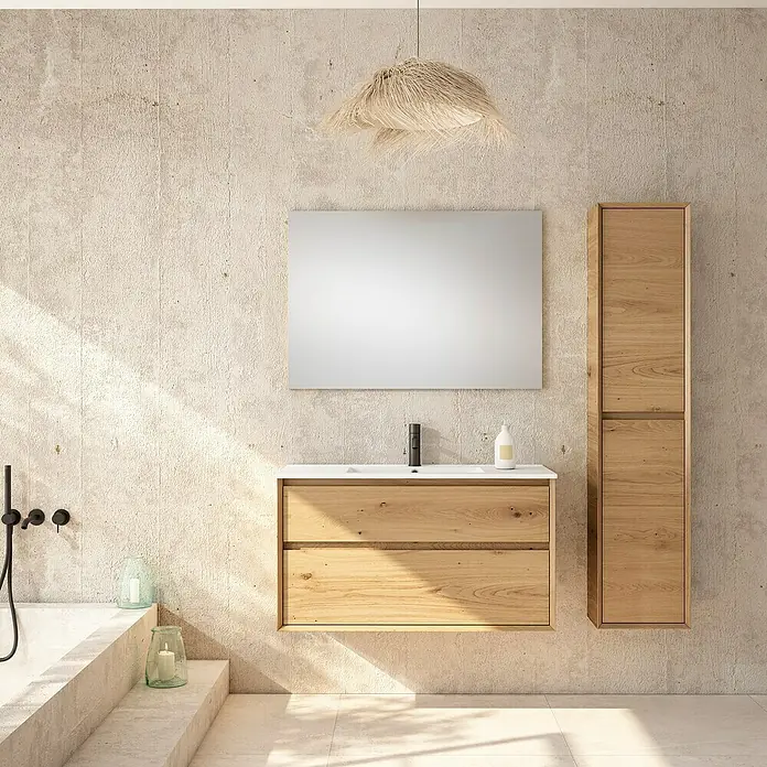 Conjunto de mueble de baño Inglet - Ancho: 120 cm, Roble garriga, Número de cajones: 2 ud., 3 pzs. - Elegante interior de baño con mueble de lavabo de madera clara, armario de pared a juego y espejo estiloso.