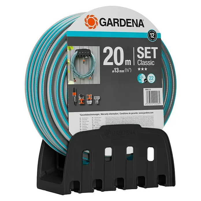Gardena Classic Manguera para jardín - Largo: 20 m, Diámetro tubo flexible: 13 mm - El conjunto de manguera Gardena Classic de 20 m, con una longitud de 20 metros y un diámetro de 13 mm, es perfecto para las tareas de riego en el jardín.