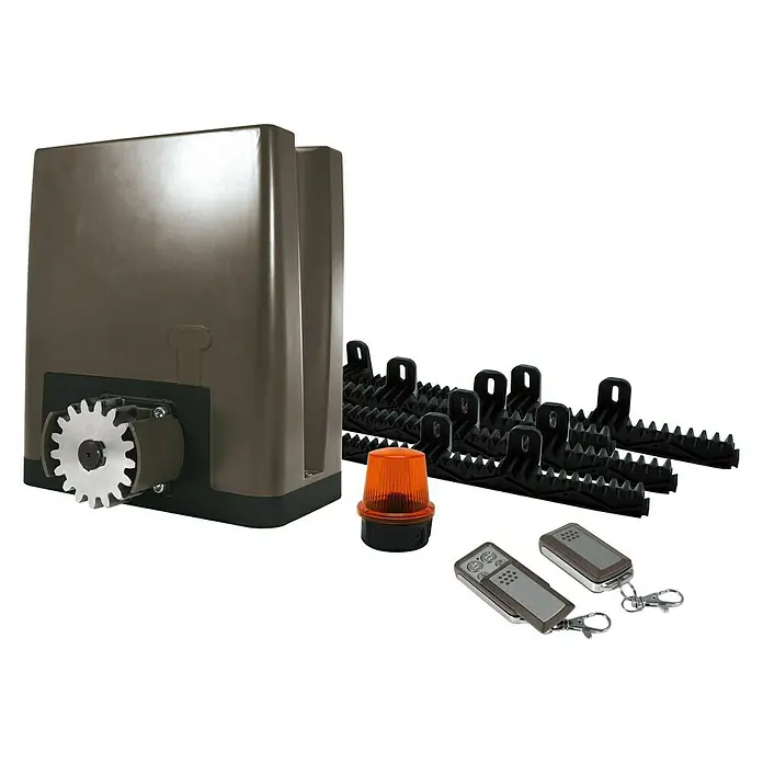 Mecanismo de puerta de garaje Corredera Oréa 500+ 24V - Fuerza de tracción: 300 N - Imagen de un abridor de puerta con engranajes de cremallera, luz de advertencia y dos controles remotos para sistemas automáticos de puertas.