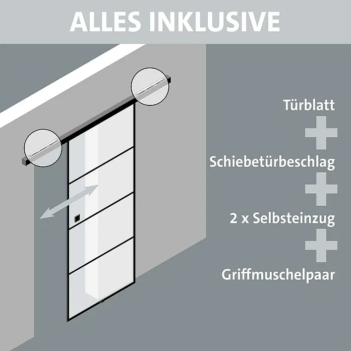 Room Plaza Slimwork Schiebetür-Komplettset Typ 9 - 940 x 2.060 mm, Klarglas - Schiebetürsystem mit weißem Türblatt, schwarzem Rahmen, Laufschiene, 2 Selbsteinzügen und Griffmuschelpaar.