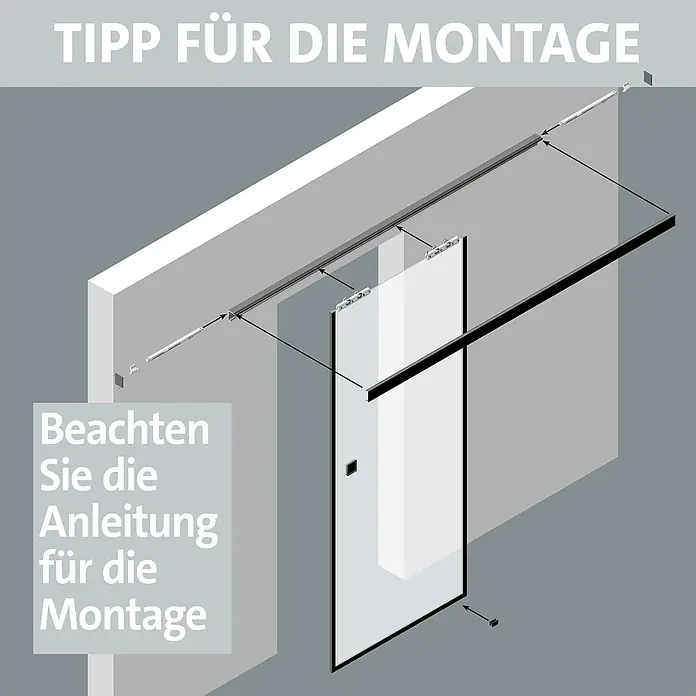 Room Plaza Slimwork Schiebetür-Komplettset Typ 8 - 940 x 2.060 mm, Klarglas - Montageanleitung für eine rahmenlose Glas-Duschwand mit schwarzen Akzenten auf einem Schiebesystem an einer Wand.