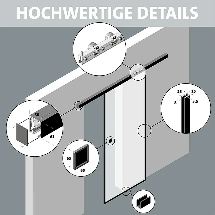 Room Plaza Slimwork Schiebetür-Komplettset Typ 8 - 940 x 2.060 mm, Klarglas - Detailliertes Diagramm eines schwarzen und silbernen Glasschiebetürsystems, das Schiene, Rollen, Profile und Maße zeigt.