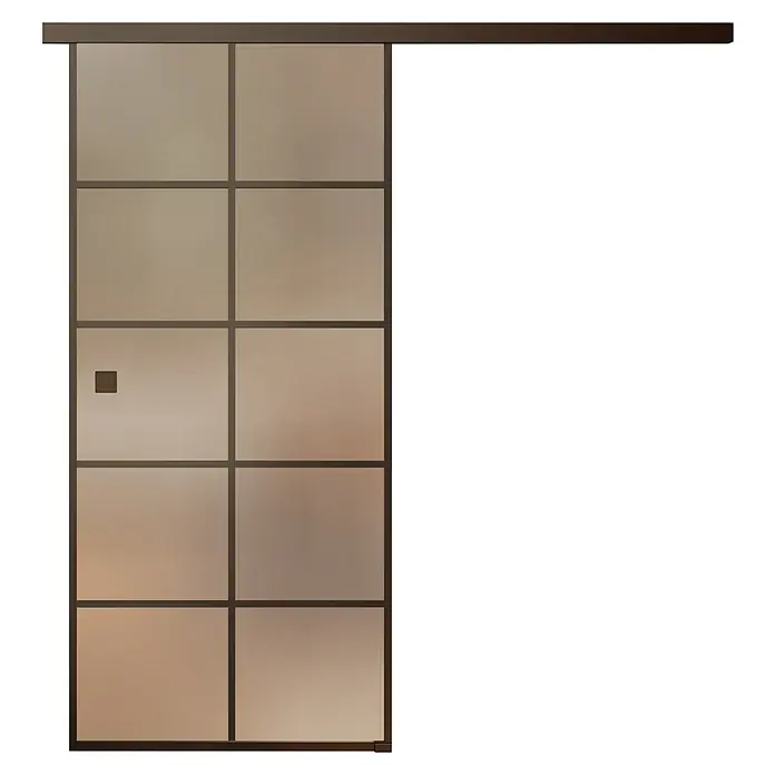 Room Plaza Slimwork Schiebetür-Komplettset Typ 8 - 940 x 2.060 mm, Satiniertes Glas - Schiebetür mit dunkelbraunem Rahmen, satinierten Paneelen und kleinem Griff, auf einer oberen Schiene.