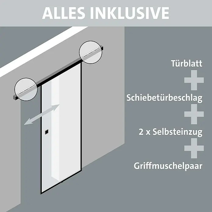 Room Plaza Slimwork Schiebetür-Komplettset - 940 x 2.060 mm, Satiniertes Glas - Diagramm eines kompletten Schiebetürsystems mit transparentem Türblatt, Beschlag, zwei Selbsteinzügen und Griffmuschelpaar.