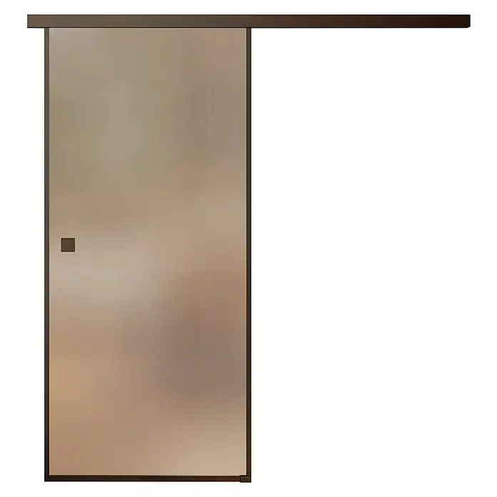 Room Plaza Slimwork Schiebetür-Komplettset - 940 x 2.060 mm, Satiniertes Glas - Schiebetür aus Milchglas mit dunkelbraunem Rahmen, Laufschiene und quadratischem Griff.