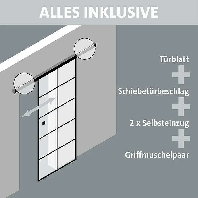 Room Plaza Slimwork Schiebetür-Komplettset Typ 8 - 940 x 2.060 mm, Klarglas - Schwarz gerahmte Schiebetür mit hellen Paneelen, komplett mit Laufschiene, Selbsteinzug und Griffmuschelpaar.