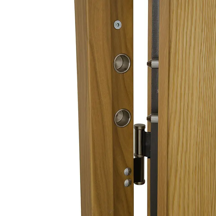 SegureStil Puerta de entrada interior S105 Serie V - 90 x 206 cm, Derecha, Roble claro, Acorazada - Primer plano de una puerta de seguridad moderna de madera que muestra las bisagras y los mecanismos de bloqueo visibles.