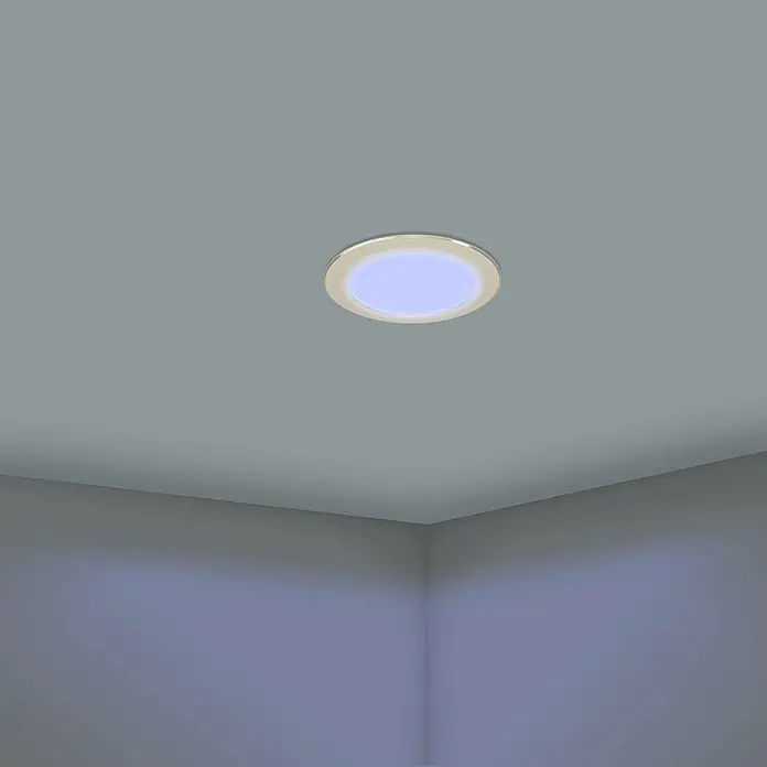 Eglo LED-Einbauleuchten-Set rund ABIUL - 3,2 W, Ø x H: 8,6 x 4 cm, Nickel, RGBW - Deckenleuchte: Runde Deckenleuchte mit silbernem Rand und bläulichem Licht. Diese Leuchte sorgt für eine angenehme Beleuchtung des Raumes.