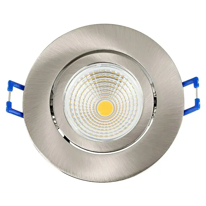 Eglo LED-Einbauleuchte SALICETO - Warmweiß, Durchmesser: 8,8 cm, Nickel-matt, 3 Stk. - Nahaufnahme einer runden LED-Deckenleuchte mit gebürstetem Nickel-Finish und blauen Befestigungsclips.