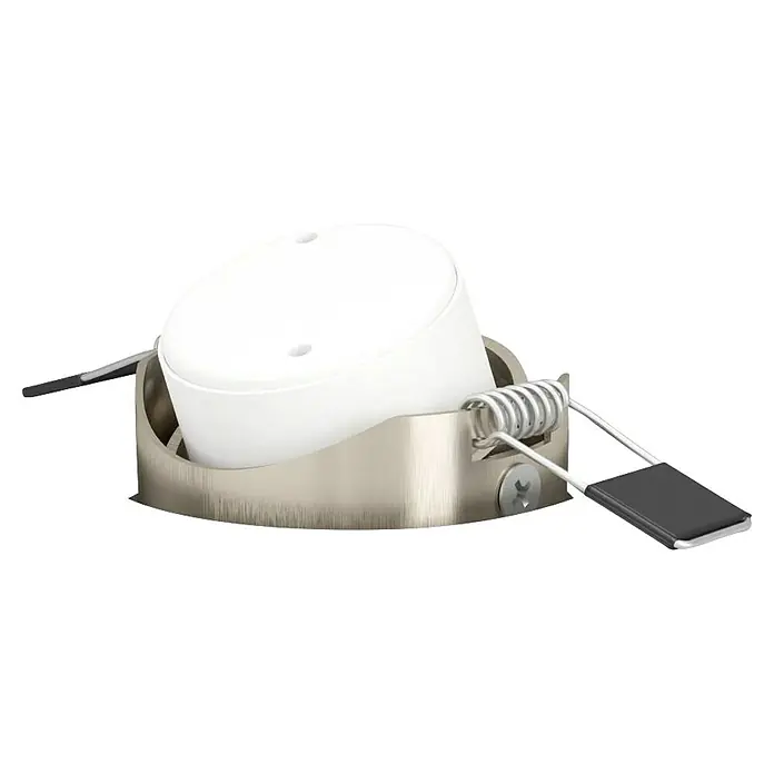Eglo LED-Einbauleuchte SALICETO - Warmweiß, Durchmesser: 8,8 cm, Nickel-matt, 3 Stk. - Nahaufnahme einer runden, weißen LED-Deckenleuchte mit silbernem Gehäuse und Federbefestigung. Energiesparende Beleuchtung für Innenräume.