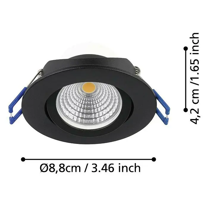 Eglo LED-Einbauleuchte SALICETO - Warmweiß, Durchmesser: 8,8 cm, Schwarz, 3 Stk. - Produktbild einer schwarzen LED-Einbauleuchte mit Maßangaben zu Durchmesser und Höhe, ideal für moderne Innenräume.