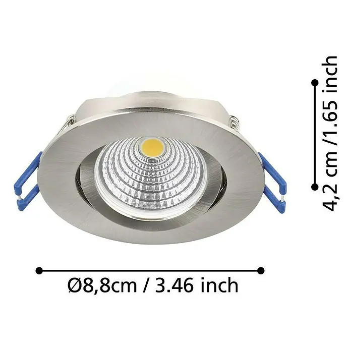 Eglo LED-Einbauleuchte SALICETO - Warmweiß, Durchmesser: 8,8 cm, Nickel-matt, 3 Stk. - Produktbild einer versenkten LED-Leuchte mit den Maßen 8,8cm Durchmesser und 4,2cm Höhe.