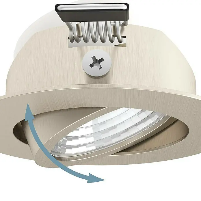 Eglo LED-Einbauleuchte SALICETO - Warmweiß, Durchmesser: 8,8 cm, Nickel-matt, 3 Stk. - Nahaufnahme einer verstellbaren LED-Einbauleuchte in gebürstetem Nickel mit blauer Pfeilmarkierung zur Anpassung des Lichtkegels.