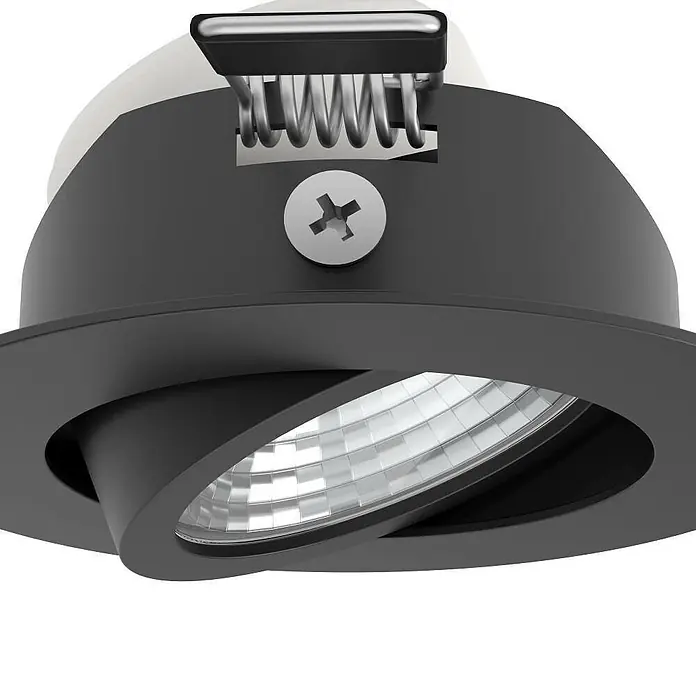 Eglo LED-Einbauleuchte SALICETO - Warmweiß, Durchmesser: 8,8 cm, Schwarz, 3 Stk. - Nahaufnahme einer schwarzen, schwenkbaren Einbauleuchte mit silberfarbenen Akzenten und einer markanten Schraube.