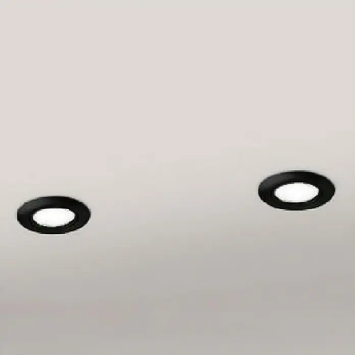 Eglo LED-Einbauleuchte PENETO - Warmweiß, Durchmesser: 8,7 cm, 3 Stk. - Zwei moderne, schwarze Einbaustrahler mit hellem Licht sind in einer Decke installiert und beleuchten den Raum.
