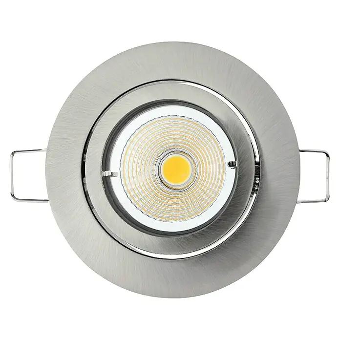 Eglo LED-Einbauleuchten-Set rund Tedo - 15 W, Ø x H: 8 x 11,5 cm, Nickel matt, 3 Stk., Warmweiß - Nahaufnahme einer runden LED-Deckenleuchte in gebürstetem Nickel mit einem warmweißen Licht für eine gemütliche Atmosphäre.