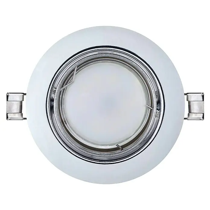 Eglo LED-Einbauleuchten-Set rund Peneto - Warmweiß, Durchmesser: 87 mm, Einbaudurchmesser: 70 mm - Nahaufnahme einer runden, weißen LED-Deckenleuchte mit Chromdetails und seitlichen Halteklammern.