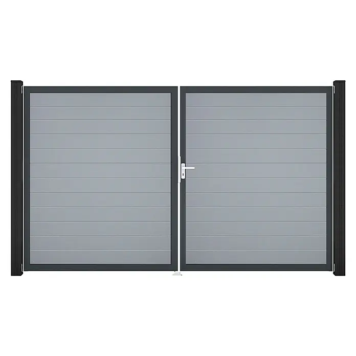 GroJa BasicLine Gartentor Schmal - 300 x 180 cm, Silbergrau (DB703), Kunststoff, DIN Anschlag: Rechts - Graues Doppelflügeltor mit horizontalen Füllungen, schwarzem Rahmen und Pfosten, mit weißem Griff.