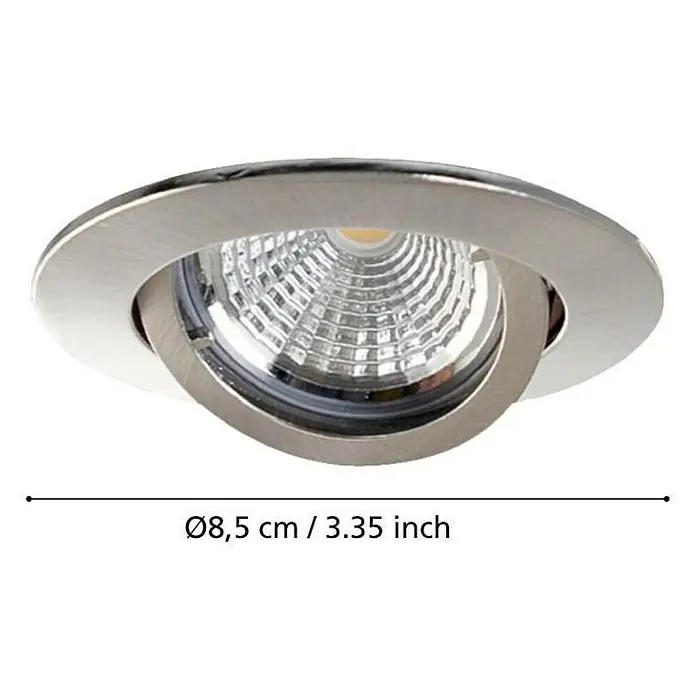 Eglo LED-Einbauleuchten-Set rund Tedo - 15 W, Ø x H: 8 x 11,5 cm, Nickel matt, 3 Stk., Warmweiß - Nahaufnahme eines verstellbaren LED-Einbaustrahlers mit Chromring und strukturiertem Inneren.
