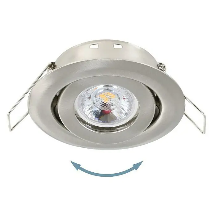 Eglo LED-Einbauleuchten-Set rund SALICETO MINI-PUCK - 4,2 W, Ø x H: 7,7 x 2,3 cm, Nickel-matt, Warmweiß - Nahaufnahme einer verstellbaren LED-Einbauleuchte in gebürstetem Nickel, die Flexibilität bei der Beleuchtung bietet.
