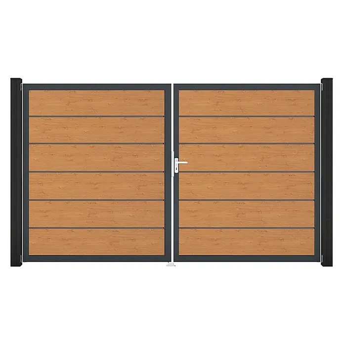GroJa BasicLine Gartentor Schmal - 300 x 180 cm, Silbergrau (DB703), Kunststoff, DIN Anschlag: Rechts - Zweiflügeliges Tor mit hellbraunen Holzplatten und dunkelgrauem Metallrahmen, mit weißem Griff am rechten Flügel.