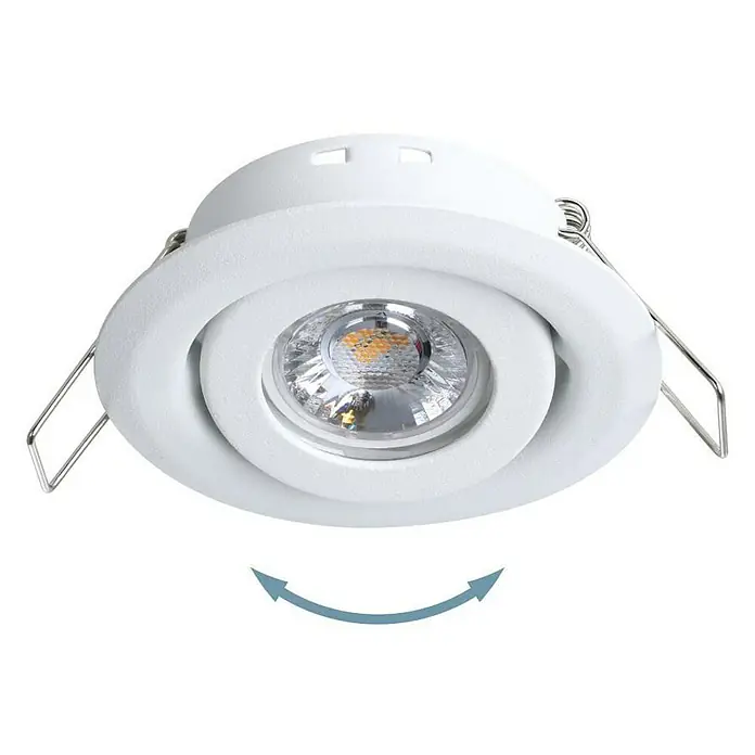 Eglo LED-Einbauleuchten-Set rund SALICETO MINI-PUCK 1 - 4,2 W, Ø x H: 7,7 x 2,3 cm, Weiß, Warmweiß - Nahaufnahme eines weißen, verstellbaren LED-Deckeneinbaustrahlers mit silbernen Halteklammern.