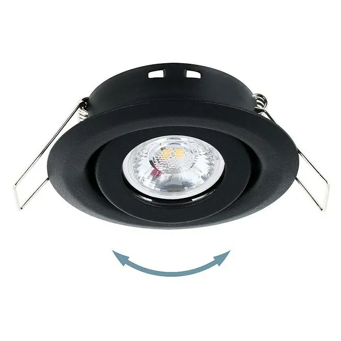 Eglo LED-Einbauleuchten-Set rund SALICETO MINI-PUCK - 4,2 W, Ø x H: 7,7 x 2,3 cm, Schwarz, Warmweiß - Nahaufnahme einer schwarzen, runden LED-Einbaulampe mit verstellbarem Leuchtmittel und Befestigungsfedern für die Deckenmontage.