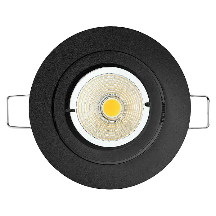 Eglo LED-Einbauleuchten-Set rund TEDO 1 - 14,4 W, Schwarz, Warmweiß - Nahaufnahme einer schwarzen LED-Einbauleuchte mit einem hellen, runden LED-Chip. Die Leuchte hat ein modernes und minimalistisches Design.