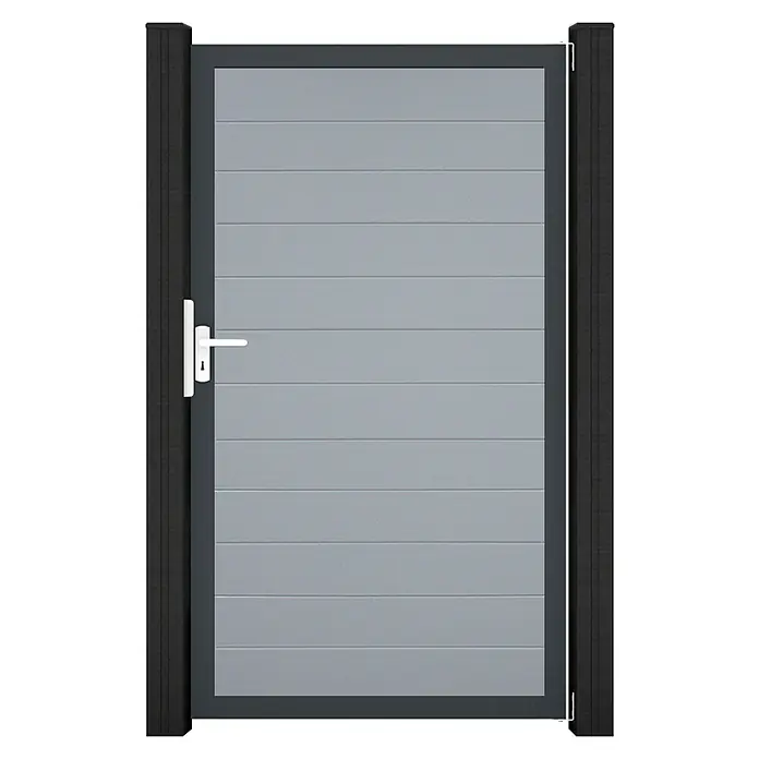 GroJa BasicLine Gartentor Schmal - 100 x 180 cm, Silbergrau (DB703), Kunststoff - Modernes graues Gartentor mit dunkelgrauem Rahmen und Pfosten, horizontalen Lamellen und weißem Griff.