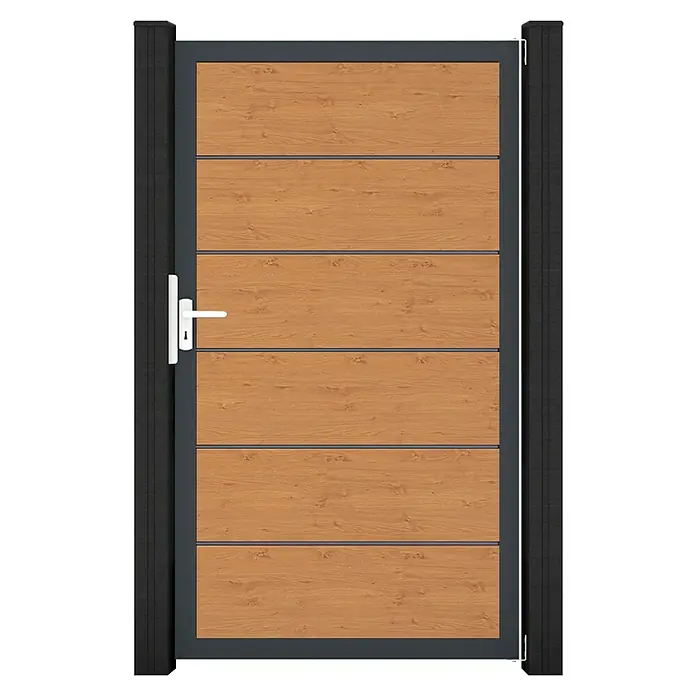 GroJa BasicLine Gartentor Premium - 100 x 180 cm, Asteiche Natur (DB703), Kunststoff - Modernes Gartentor mit horizontalen Holzpaneelen, dunkelgrauem Rahmen und weißem Griff.