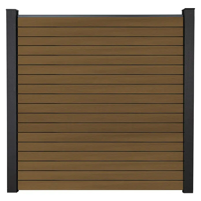 GroJa Solid Steckzaun Rhombus - 180 x 180 cm, Teak - Braunfarbenes Zaunpaneel mit horizontalen Latten und dunkelgrauem Rahmen.