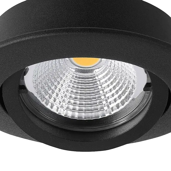 Eglo LED-Einbauleuchten-Set rund TEDO 1 - 14,4 W, Schwarz, Warmweiß - Nahaufnahme einer schwarzen LED-Deckenleuchte mit warmweißem Licht und strukturierter Linse für eine angenehme Beleuchtung.