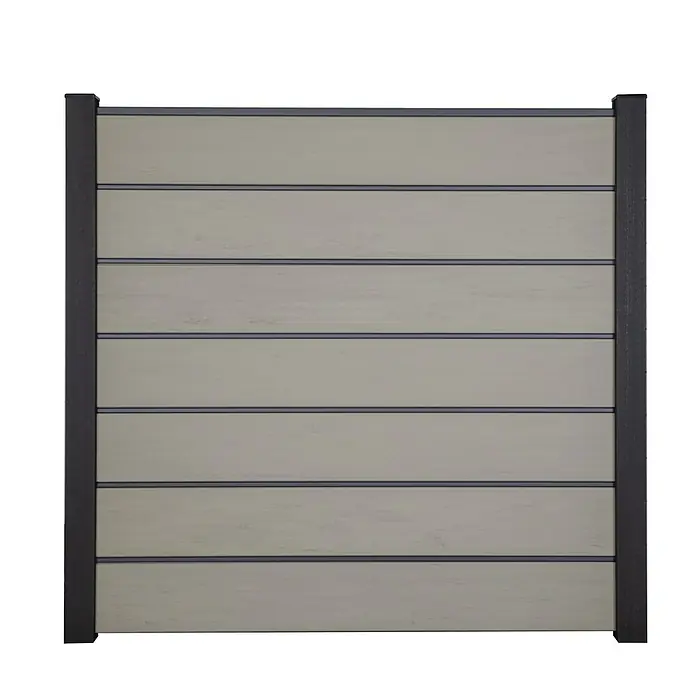 GroJa Solid Steckzaun Grande Premium - 180 x 180 cm, Sand - Hellgraues Verbundzaunfeld mit dunkelgrauem Rahmen und horizontalen Lamellen.
