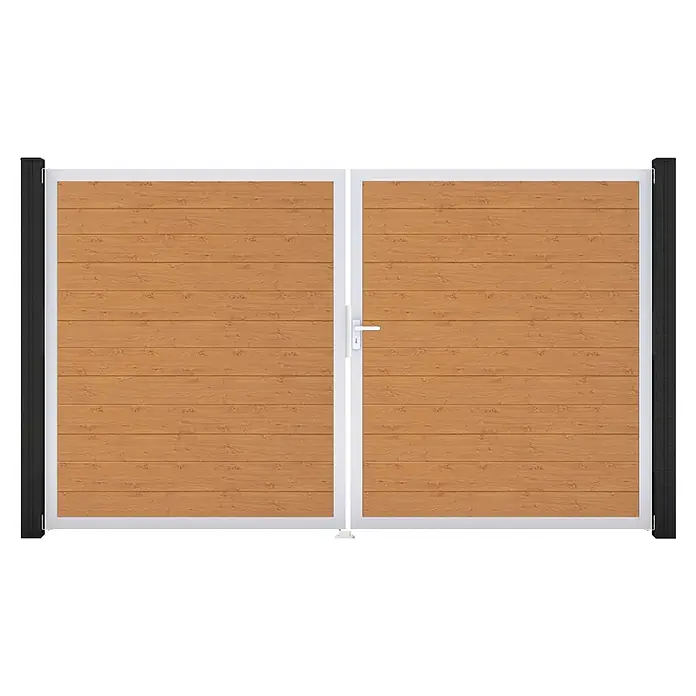 GroJa BasicLine Gartentor Schmal - 300 x 180 cm, Asteiche Natur (EV1), Kunststoff, DIN Anschlag: Rechts - Zweiflügeliges Holztor mit hellbraunen Bohlen, weißen Rahmen, schwarzen Pfosten und weißem Griff.