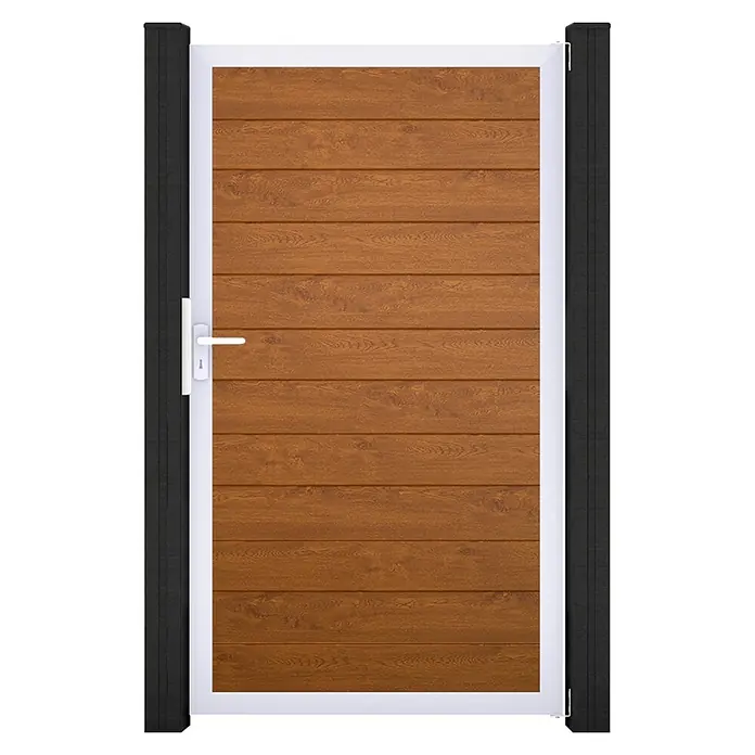 GroJa BasicLine Gartentor Schmal - 100 x 180 cm, Golden Oak (EV1), Kunststoff - Gartentor in Holzoptik Braun mit weißem Rahmen, schwarzen Pfosten und weißem Griff.