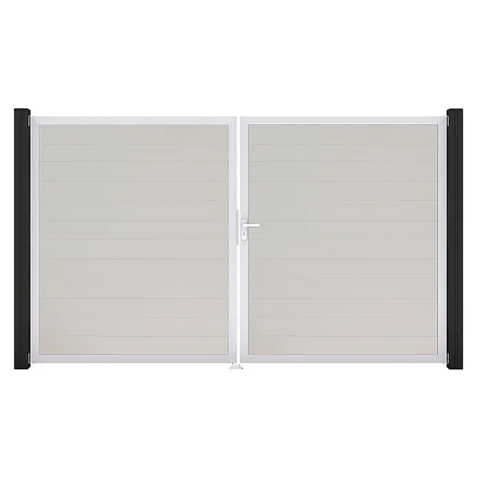 GroJa BasicLine Gartentor Schmal - 300 x 180 cm, Weiß (EV1), Kunststoff, DIN Anschlag: Rechts - Helles graues Doppeltor mit horizontalen Lamellen, weißem Rahmen und schwarzen Pfosten.