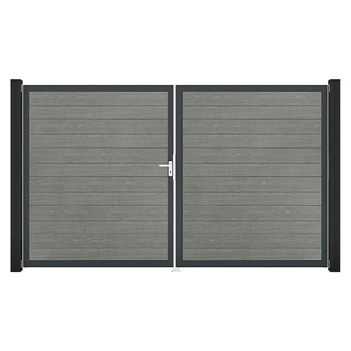 GroJa BasicLine Gartentor Schmal - 300 x 180 cm, Grey Ash Cut (DB703), Kunststoff, DIN Anschlag: Links - Doppelflügeltor aus grauem Holzdekor mit dunklem Rahmen und weißem Griff.