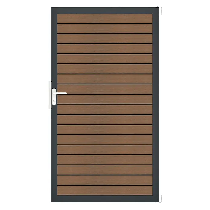 GroJa Gartentor Rhombus - 100 x 180 cm, Teak (DB703), Aluminium - Braunfarbenes Holzlatten-Torblatt mit dunkelgrauem Rahmen und weißem Griff.
