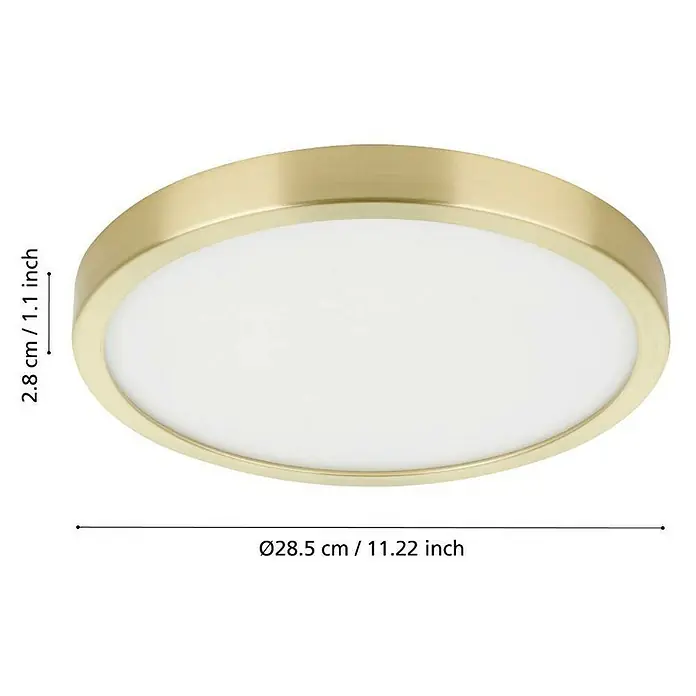Eglo LED-Deckenleuchte rund FUEVA 5 - 20,5 W, Ø x H: 285 mm x 2,8 cm, Gold, Warmweiß - Nahaufnahme einer runden LED-Deckenleuchte mit goldenem Rand. Die Lampe ist schlicht und modern gestaltet.