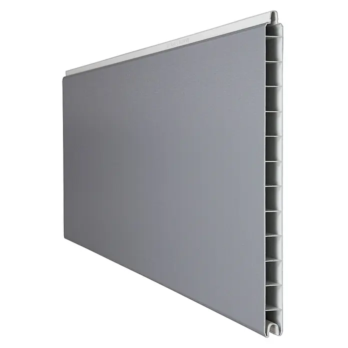 GroJa BasicLine Steckzaun - 180 x 1,9 cm, Silbergrau - Graue Verkleidungsplatte mit weißem Rand, zeigt gerippte Innenstruktur.