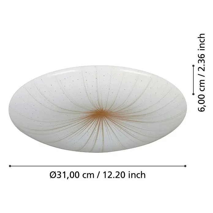 Eglo LED-Deckenleuchte rund NIEVES 1 - 10 W, Ø x H: 31 x 6 cm, Weiß/Gold, Warmweiß - Eine Nahaufnahme einer runden, weißen Deckenleuchte mit radialem Muster.