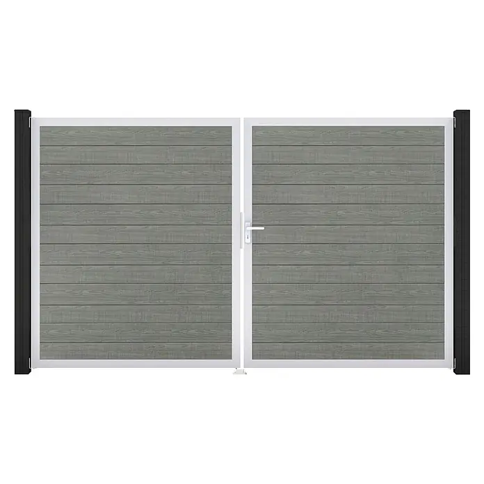GroJa BasicLine Gartentor Schmal - 300 x 180 cm, Gray Ash Cut (EV1), Kunststoff, DIN Anschlag: Rechts - Graues Doppelflügeltor in Holzoptik mit weißen Rahmen und schwarzen Pfosten, mit weißem Griff.